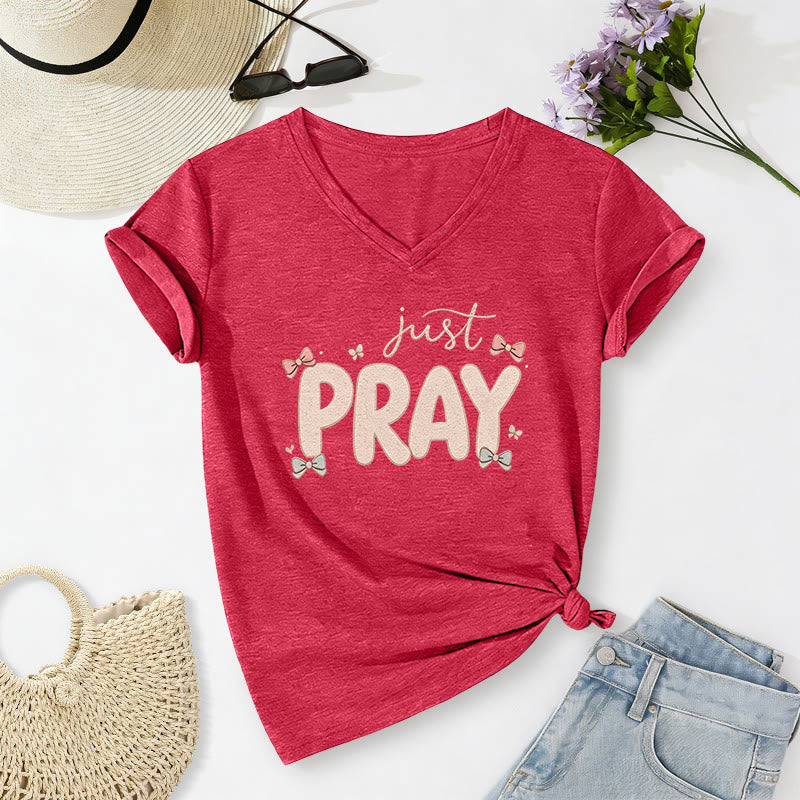 Christianartworkshop Just PRAY Casual V-neck T-shirt - Red - 2XL - image 0