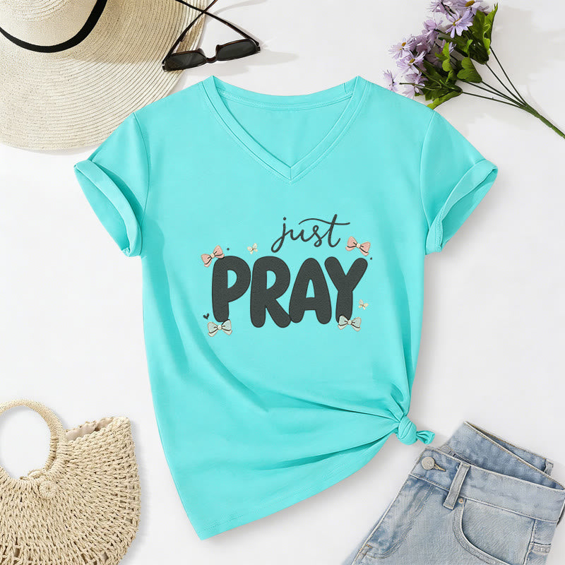 Christianartworkshop Just PRAY Casual V-neck T-shirt - Sky Blue - 2XL - image 10