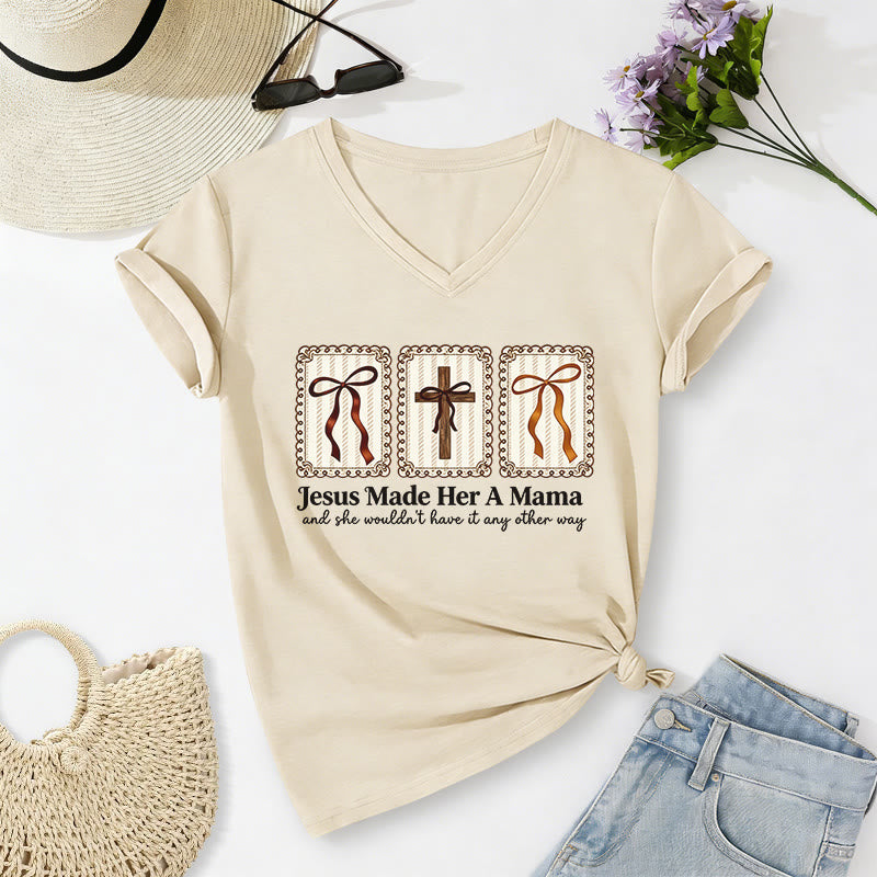 Christianartworkshop Jesus Made Her A Mama Casual V-neck T-shirt - Beige - 2XL - image 4