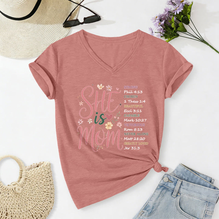 Christianartworkshop SHE Is MOM Casual V-neck T-shirt - Light Pink - 2XL - image 10
