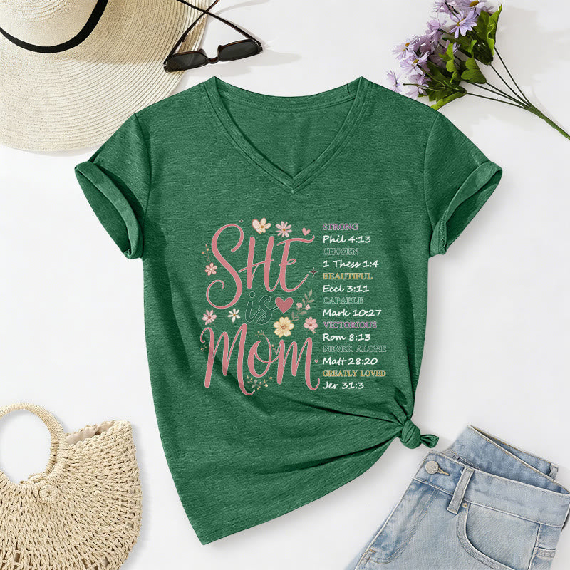 Christianartworkshop SHE Is MOM Casual V-neck T-shirt - Dark Green - 2XL - image 14