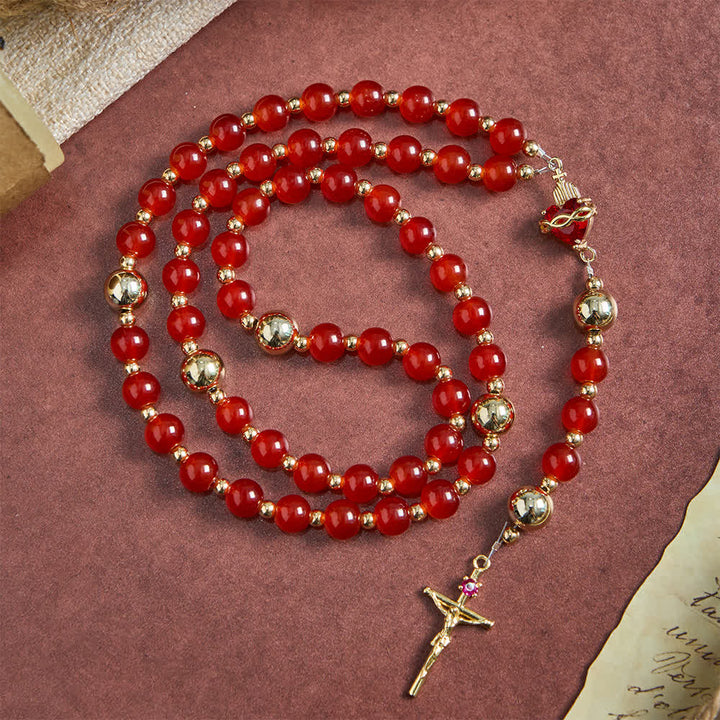 Christianartworkshop Divine Love Sacred Heart Rosary with Elegant Red Glass & Golden Crucifix - image 4