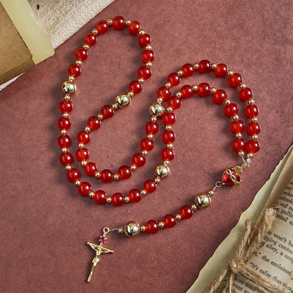 Christianartworkshop Divine Love Sacred Heart Rosary with Elegant Red Glass & Golden Crucifix - image 5