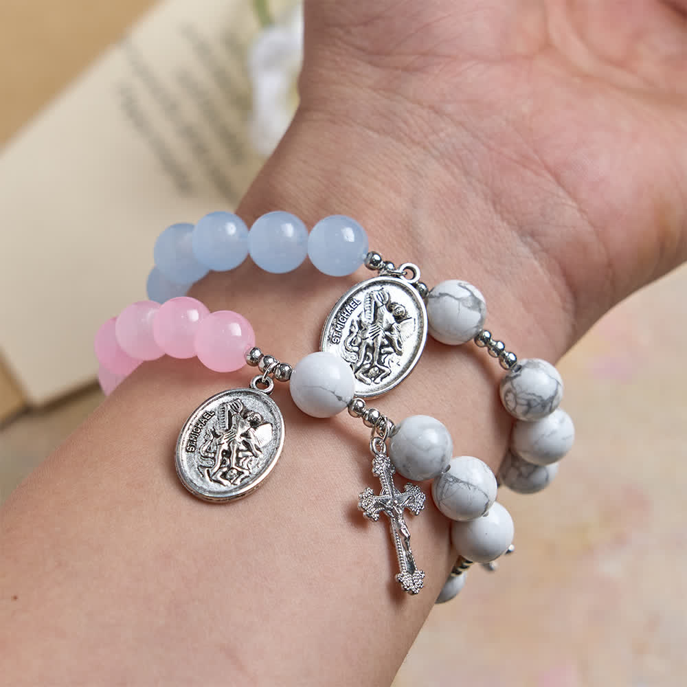 Christianartworkshop Natural Howlite Stone St. Michael Bracelet: Light Blue & PInk Dual Spiritual Protection - image 18