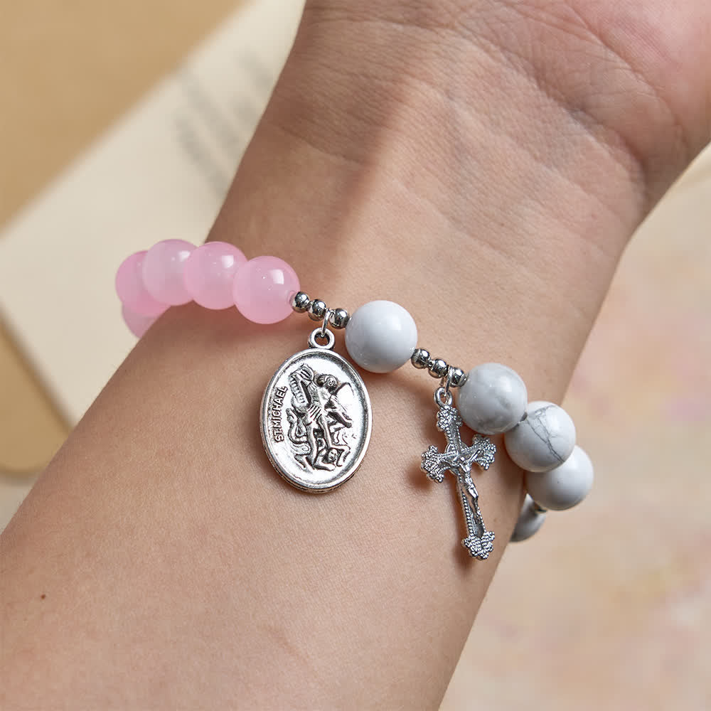 Christianartworkshop Natural Howlite Stone St. Michael Bracelet: Light Blue & PInk Dual Spiritual Protection - image 2