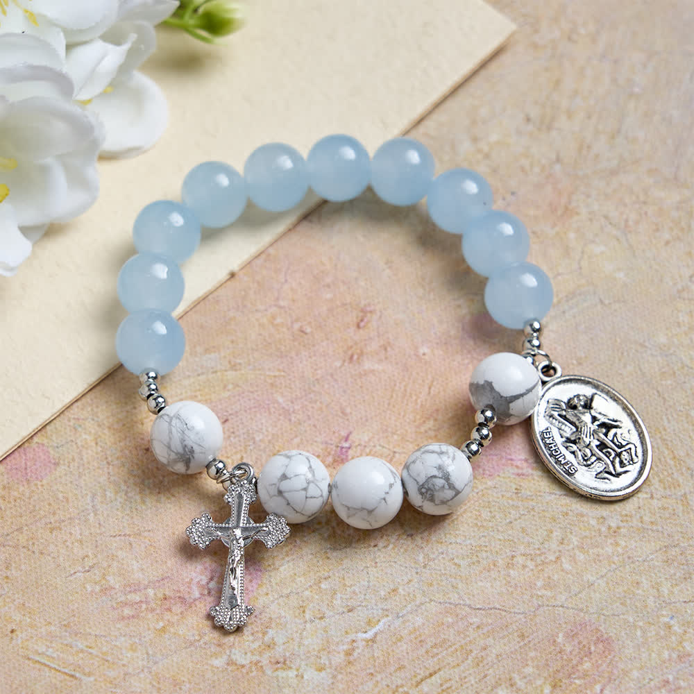Christianartworkshop Natural Howlite Stone with Blue Glass Beads Bracelet with Vintage St. Michael Charm - Blue - image 0