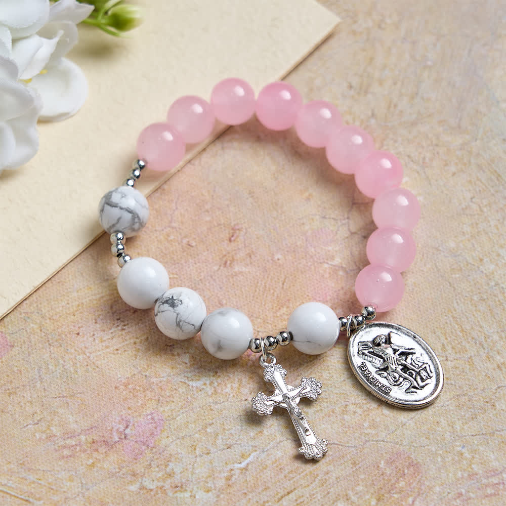 Christianartworkshop Natural Howlite Stone St. Michael Bracelet: Light Blue & PInk Dual Spiritual Protection - Pink - image 0