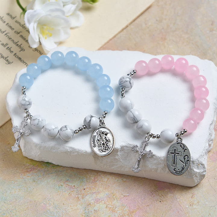 Christianartworkshop Natural Howlite Stone St. Michael Bracelet: Light Blue & PInk Dual Spiritual Protection - image 17