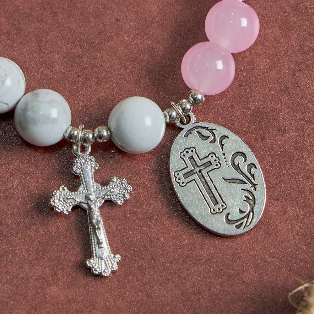 Christianartworkshop Natural Howlite Stone St. Michael Bracelet: Light Blue & PInk Dual Spiritual Protection - image 6