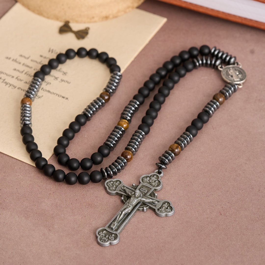 Christianartworkshop Black Glass & Tiger Eye Rosary with St. Benedict Medal & Vintage Tin Cross - Black Glass & Tiger's Eye Rosary - image 0