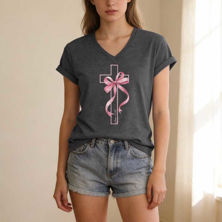 Christianartworkshop Cross With Pink Bow Graphic Casual V-neck T-shirt - image 21