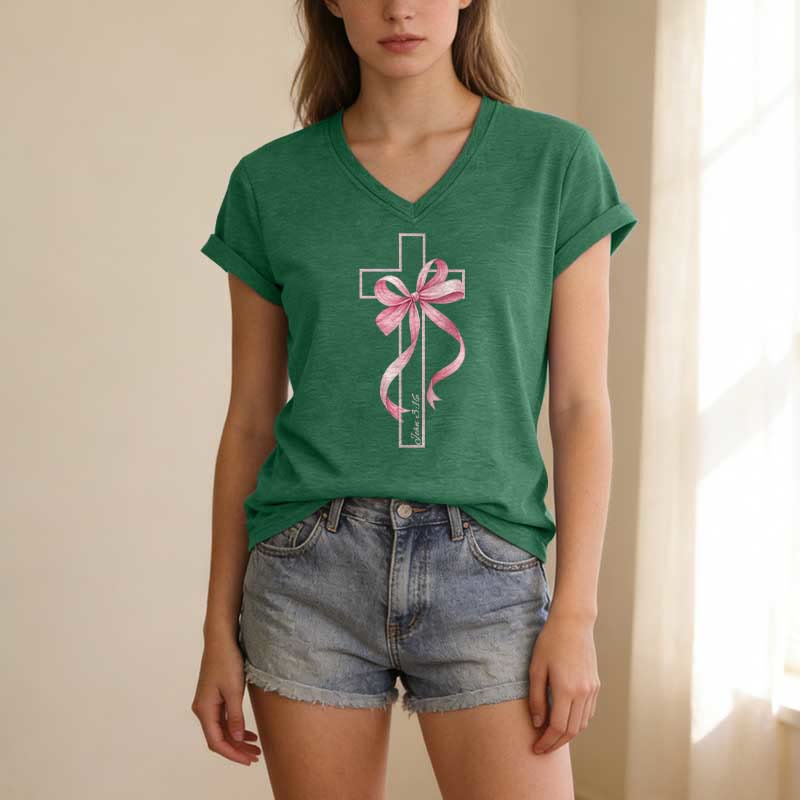 Christianartworkshop Cross With Pink Bow Graphic Casual V-neck T-shirt - image 1