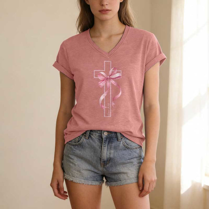 Christianartworkshop Cross With Pink Bow Graphic Casual V-neck T-shirt - image 13