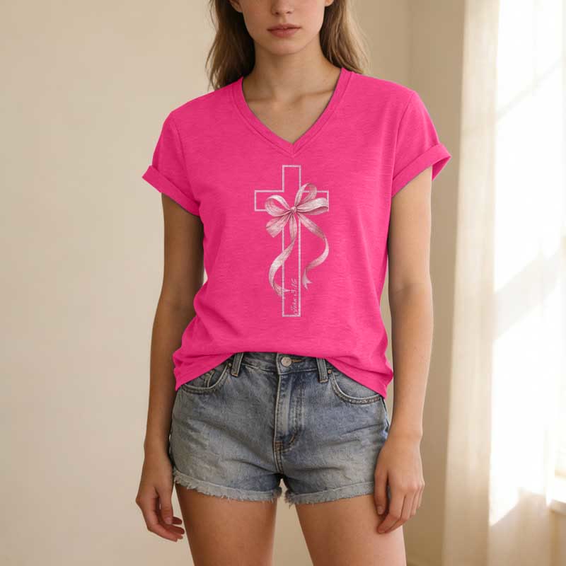 Christianartworkshop Cross With Pink Bow Graphic Casual V-neck T-shirt - image 25