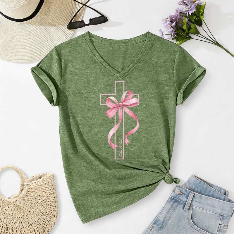 Christianartworkshop Cross With Pink Bow Graphic Casual V-neck T-shirt - Olive Green - 2XL - image 2