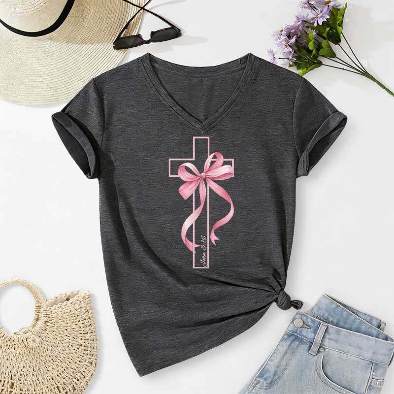 Christianartworkshop Cross With Pink Bow Graphic Casual V-neck T-shirt - Dark Grey - 2XL - image 20