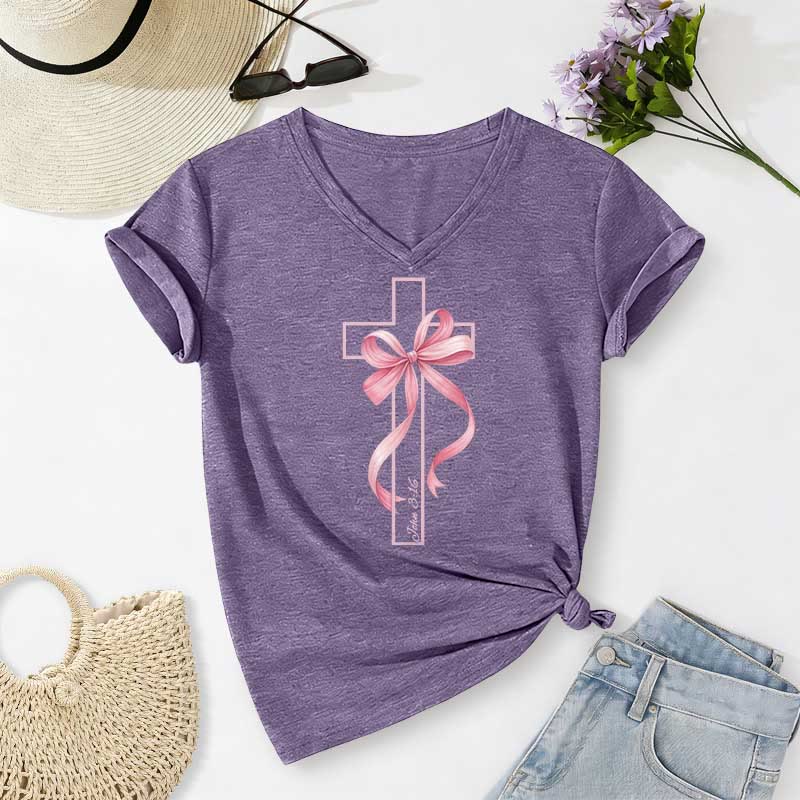 Christianartworkshop Cross With Pink Bow Graphic Casual V-neck T-shirt - Purple - 2XL - image 16