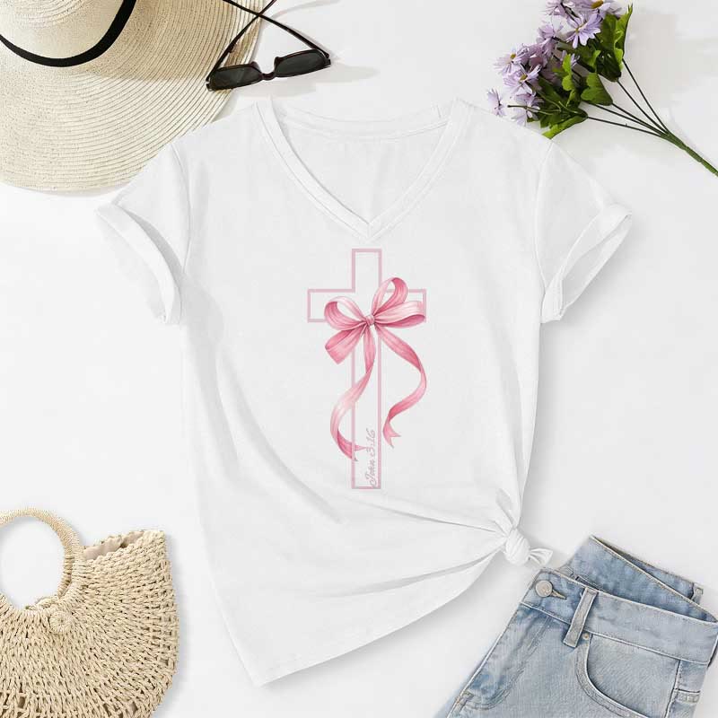 Christianartworkshop Cross With Pink Bow Graphic Casual V-neck T-shirt - White - 2XL - image 4