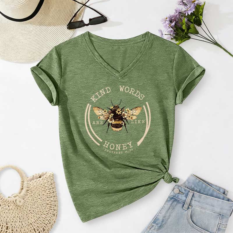Christianartworkshop Kind Words Are Like Honey Proverbs 16:24 Bee Casual V-neck T-shirt - Olive Green - 2XL - image 2