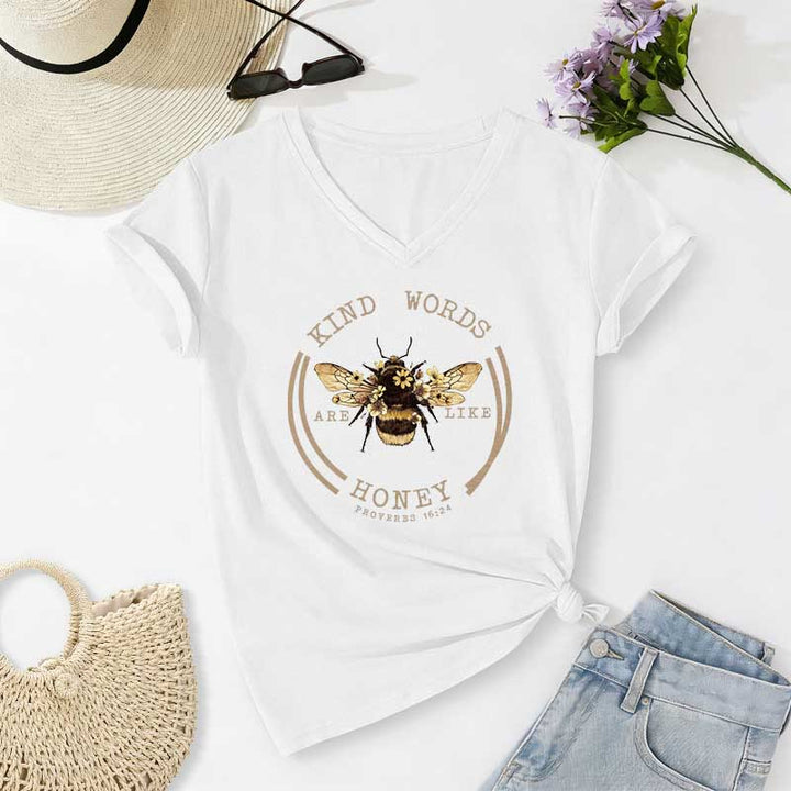 Christianartworkshop Kind Words Are Like Honey Proverbs 16:24 Bee Casual V-neck T-shirt - White - 2XL - image 4