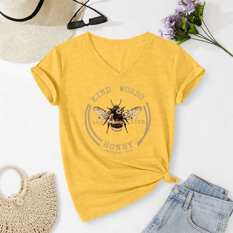 Christianartworkshop Kind Words Are Like Honey Proverbs 16:24 Bee Casual V-neck T-shirt - Yellow - 2XL - image 6