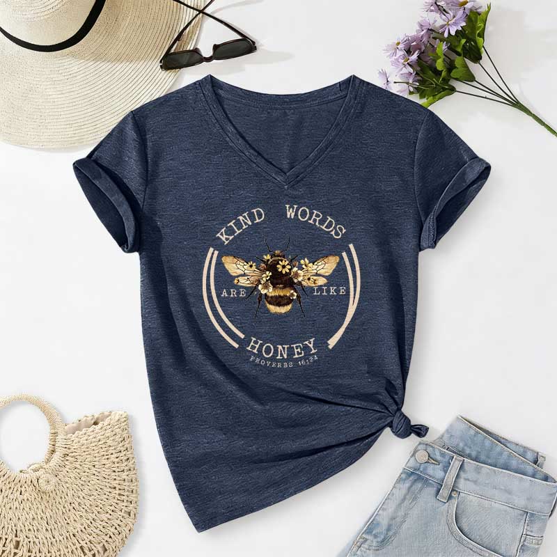 Christianartworkshop Kind Words Are Like Honey Proverbs 16:24 Bee Casual V-neck T-shirt - Navy Blue - 2XL - image 18