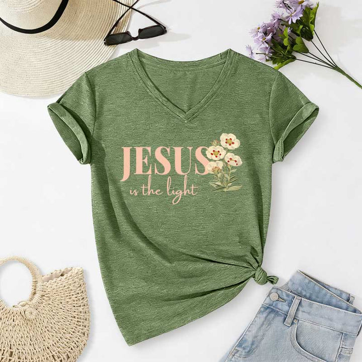 Christianartworkshop Jesus Is The Light Floral Casual V-neck T-shirt - Olive Green - 2XL - image 2