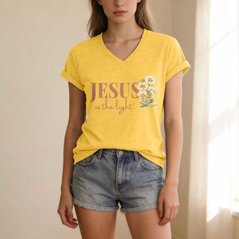 Christianartworkshop Jesus Is The Light Floral Casual V-neck T-shirt - image 9