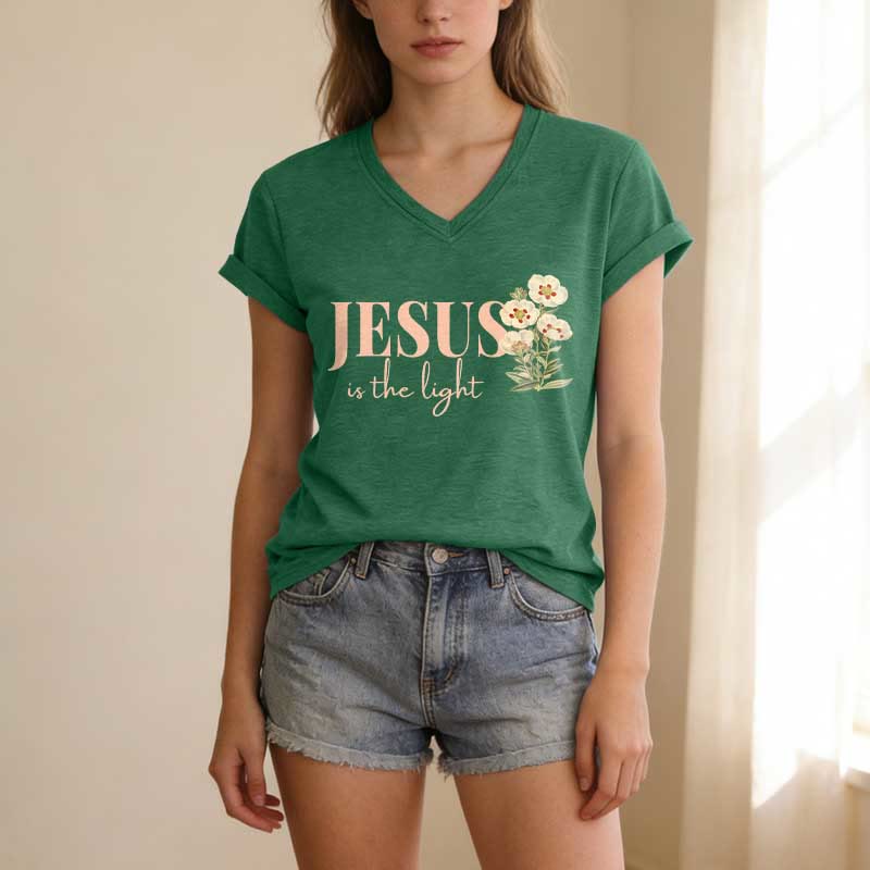Christianartworkshop Jesus Is The Light Floral Casual V-neck T-shirt - image 17