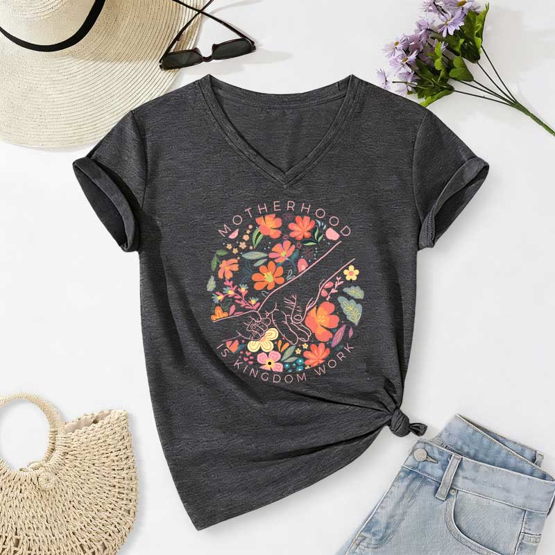 Christianartworkshop Motherhood Is Kingdom Work Floral Hand Casual V-neck T-shirt - Dark Grey - 2XL - image 20
