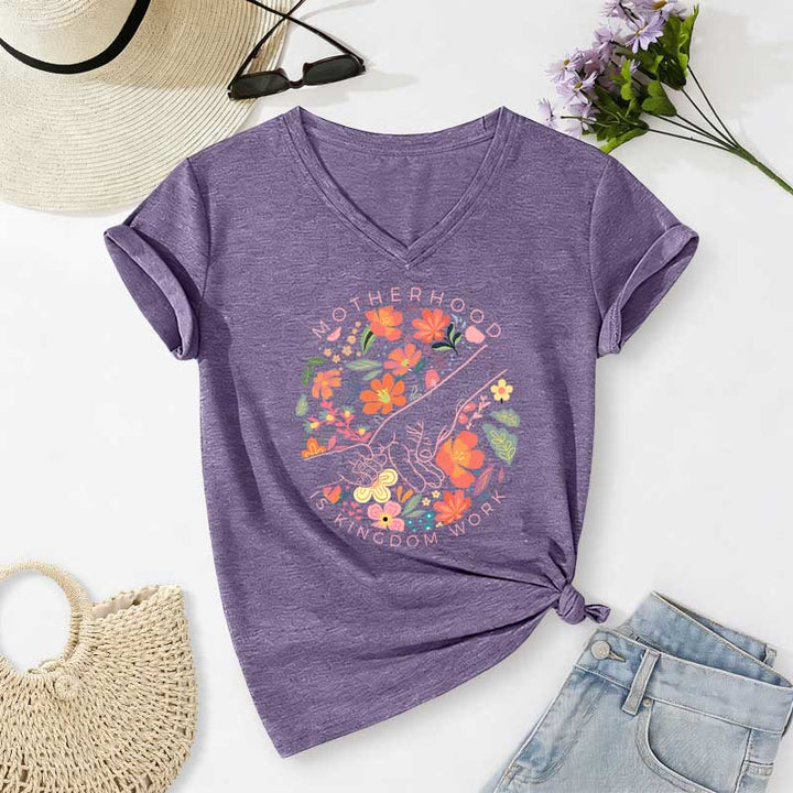 Christianartworkshop Motherhood Is Kingdom Work Floral Hand Casual V-neck T-shirt - Purple - 2XL - image 16