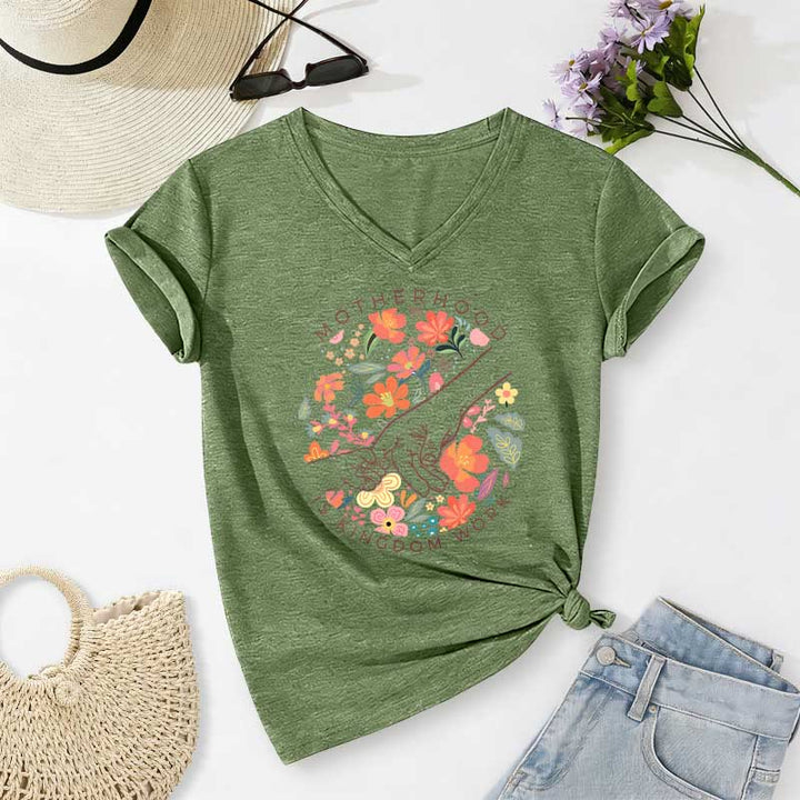 Christianartworkshop Motherhood Is Kingdom Work Floral Hand Casual V-neck T-shirt - Olive Green - 2XL - image 2