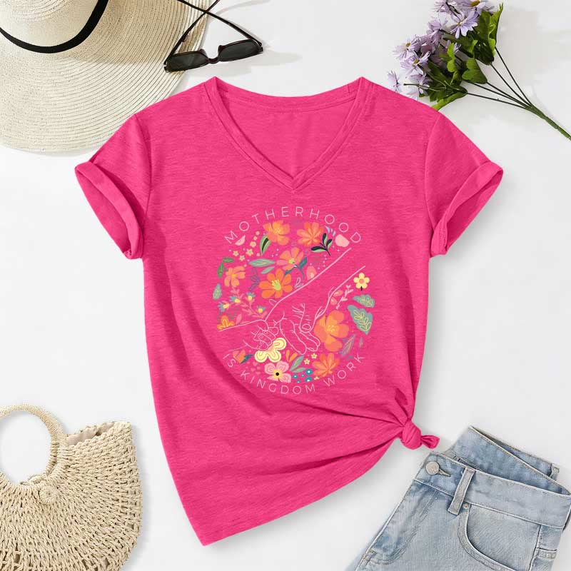 Christianartworkshop Motherhood Is Kingdom Work Floral Hand Casual V-neck T-shirt - Rose - 2XL - image 24