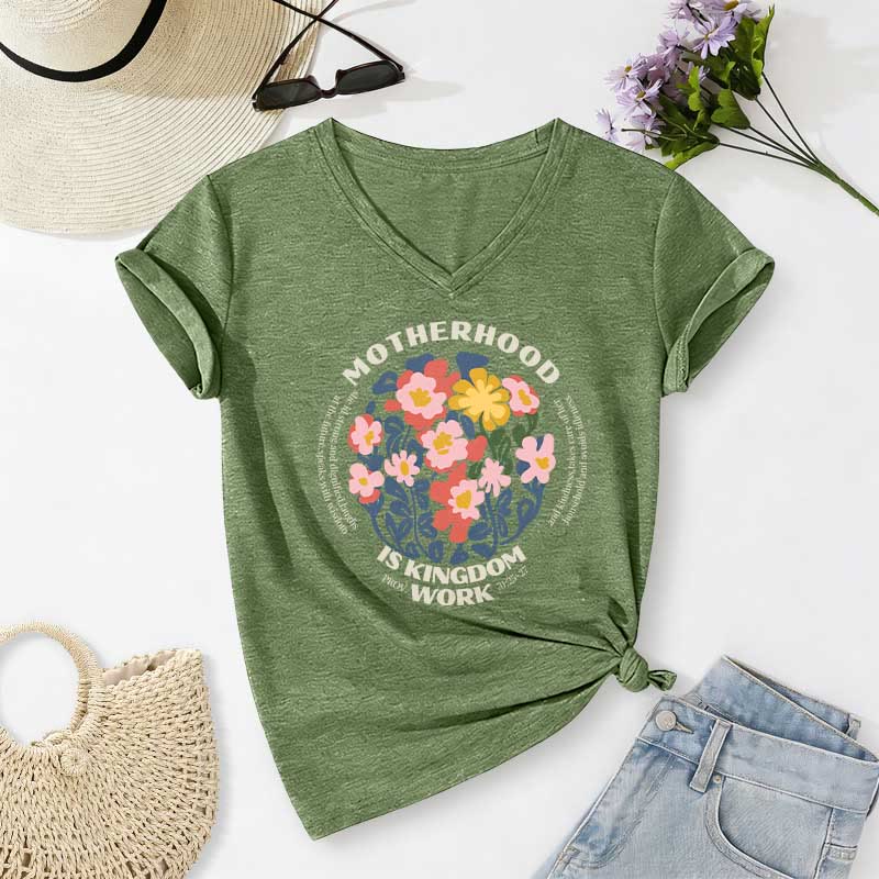 Christianartworkshop Boho Floral Motherhood Is Kingdom Work Casual V-neck T-shirt - Olive Green - 2XL - image 2