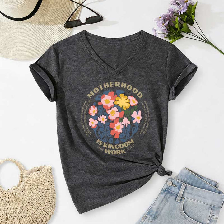 Christianartworkshop Boho Floral Motherhood Is Kingdom Work Casual V-neck T-shirt - Dark Grey - 2XL - image 20