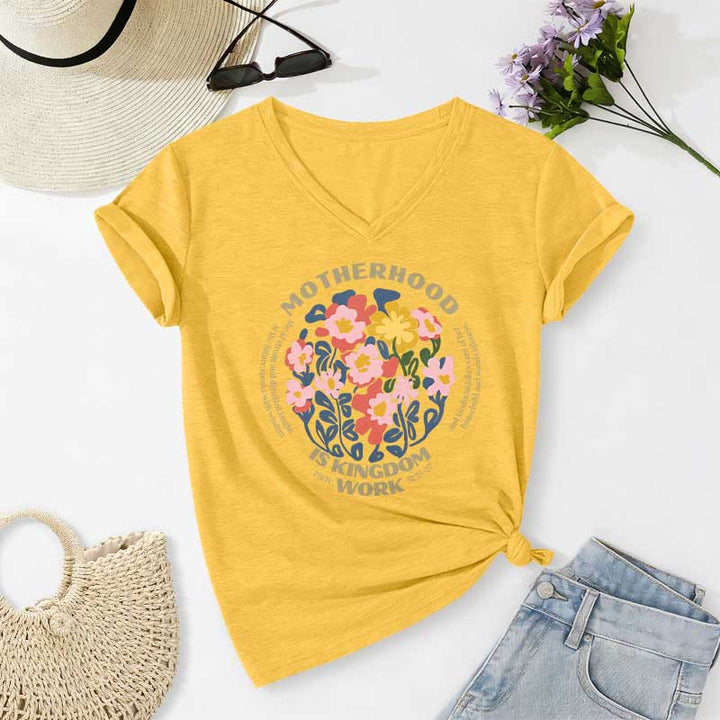Christianartworkshop Boho Floral Motherhood Is Kingdom Work Casual V-neck T-shirt - Sky Blue - 2XL - image 8