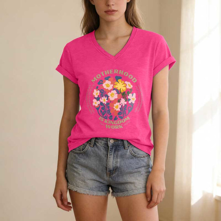 Christianartworkshop Boho Floral Motherhood Is Kingdom Work Casual V-neck T-shirt - image 25