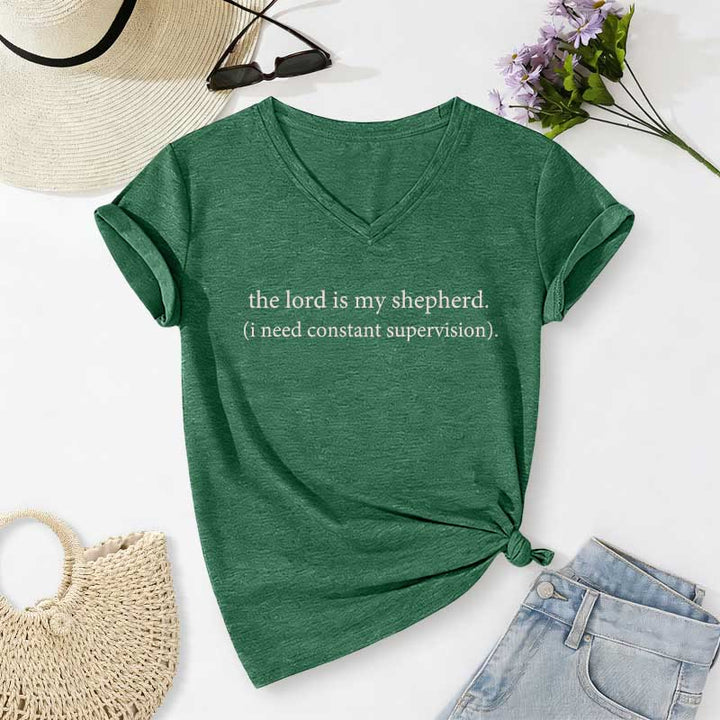 Christianartworkshop The Lord Is My Shepherd I Need Constant Supervision Casual V-neck T-shirt - Dark Green - 2XL - image 14