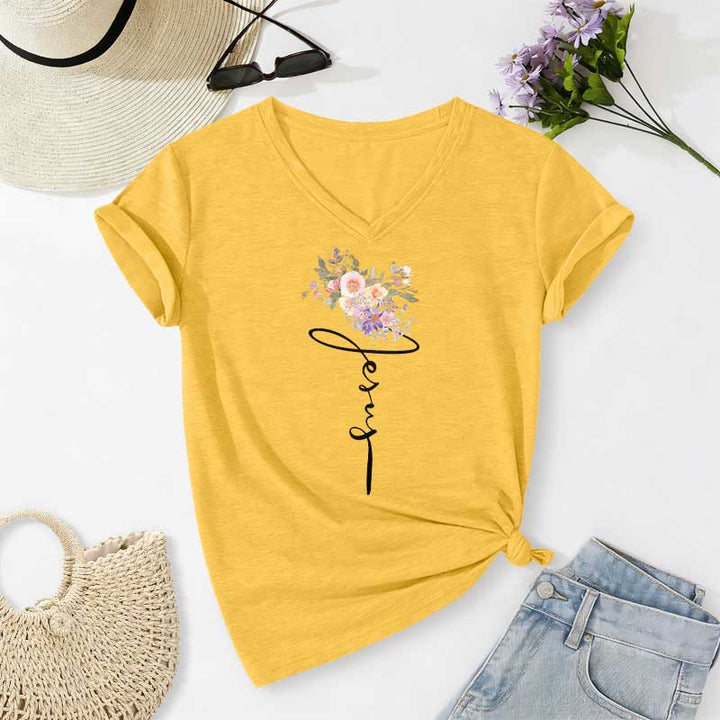 Christianartworkshop Jesus Cursive Floral Casual V-neck T-shirt - Yellow - 2XL - image 6