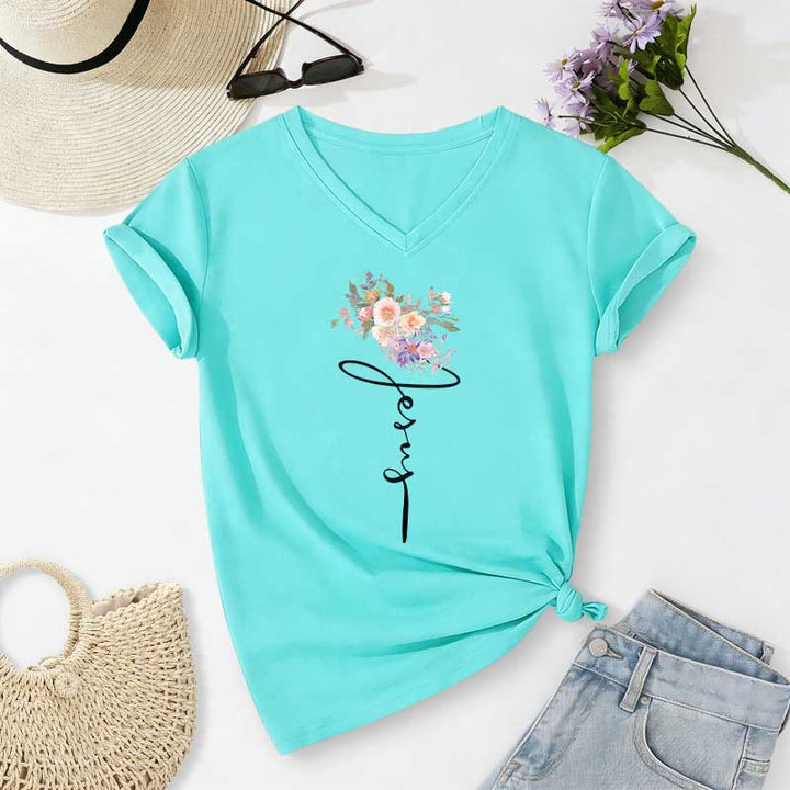 Christianartworkshop Jesus Cursive Floral Casual V-neck T-shirt - Sky Blue - 2XL - image 8