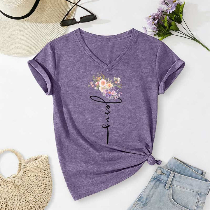 Christianartworkshop Jesus Cursive Floral Casual V-neck T-shirt - Purple - 2XL - image 16