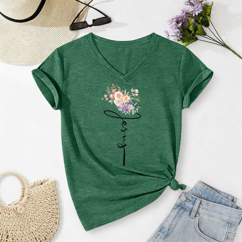 Christianartworkshop Jesus Cursive Floral Casual V-neck T-shirt - Dark Green - 2XL - image 14