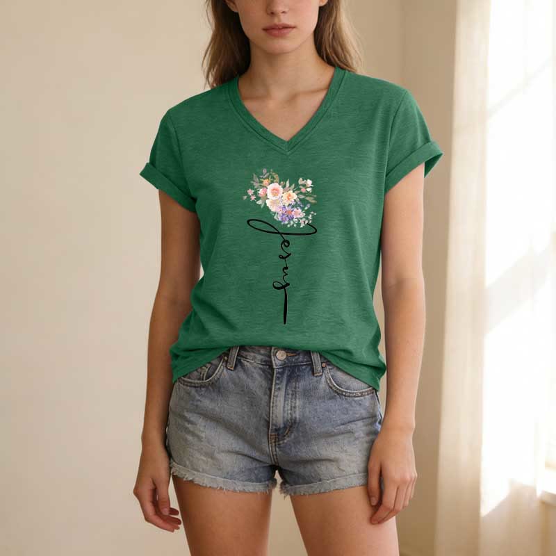Christianartworkshop Jesus Cursive Floral Casual V-neck T-shirt - image 15