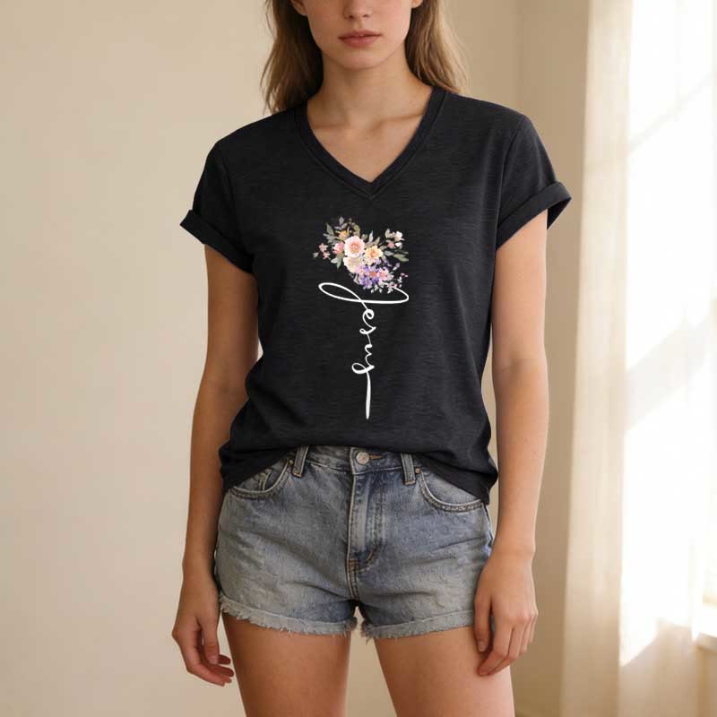 Christianartworkshop Jesus Cursive Floral Casual V-neck T-shirt - image 13