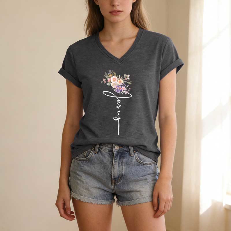 Christianartworkshop Jesus Cursive Floral Casual V-neck T-shirt - image 21