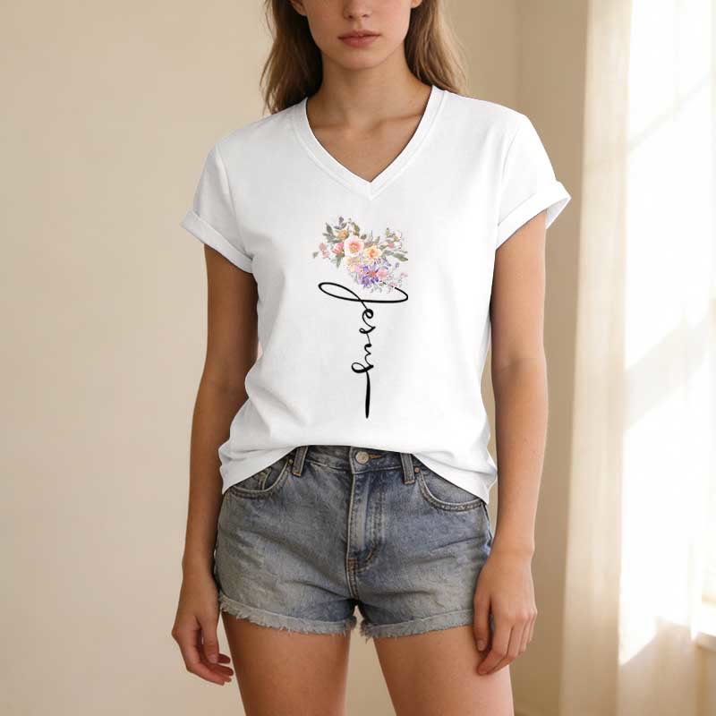 Christianartworkshop Jesus Cursive Floral Casual V-neck T-shirt - image 3