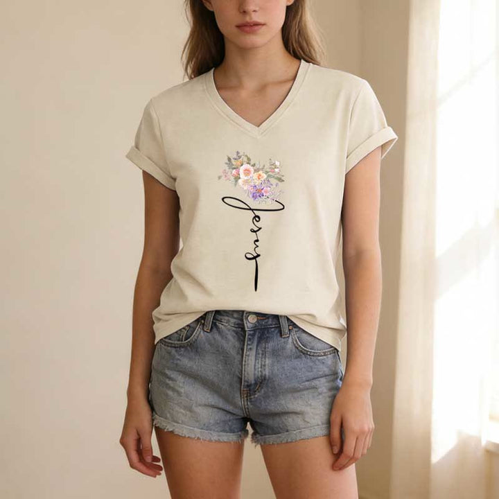 Christianartworkshop Jesus Cursive Floral Casual V-neck T-shirt - image 5