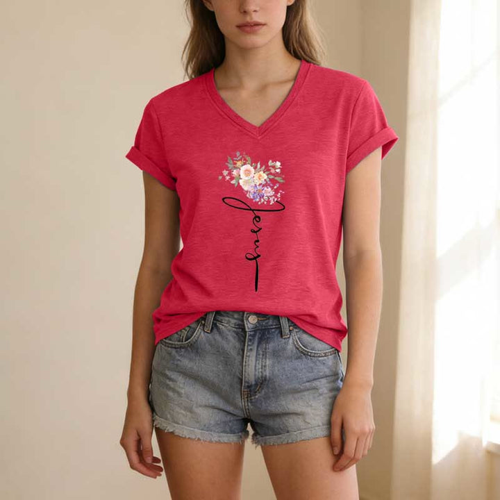 Christianartworkshop Jesus Cursive Floral Casual V-neck T-shirt - image 23
