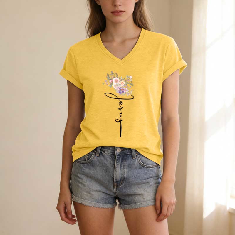 Christianartworkshop Jesus Cursive Floral Casual V-neck T-shirt - image 7