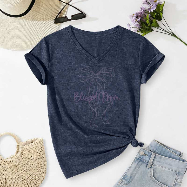 Christianartworkshop Blessed Mom Bow Graphic Casual V-neck T-shirt - Navy Blue - 2XL - image 18